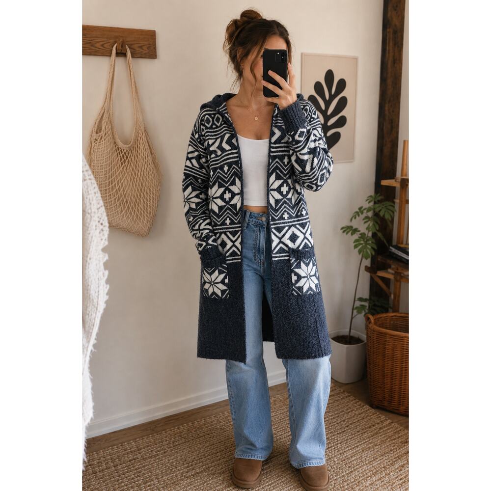 Monteau Los Angeles Long Hooded Fair Isle Sweater Cardigan Medium